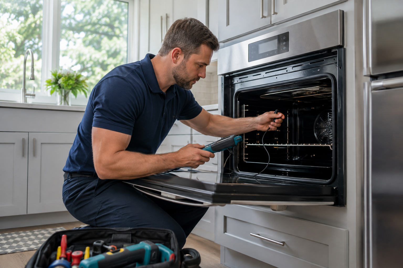 Professional appliance technician diagnosing an appliance in a Pittsburgh-area home
